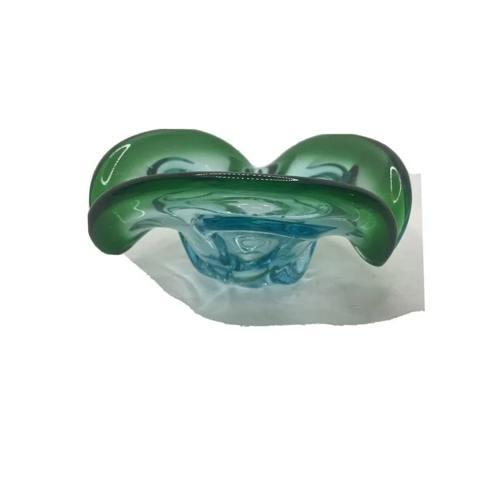 Studio Art Glass Dish Bowl Green Blue Clear Smooth Bottom 8